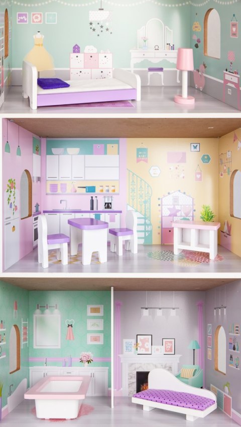 Drewniany Domek Dla Lalek + Mebelki Wysoka Rezydencja Jagodowa Ecotoys