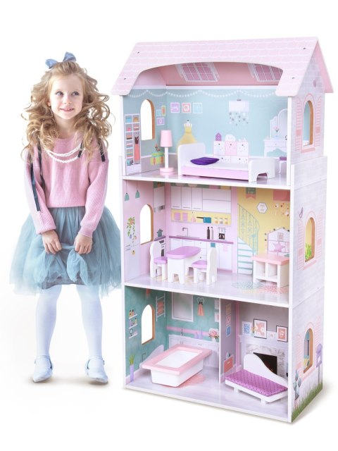 Drewniany Domek Dla Lalek + Mebelki Wysoka Rezydencja Jagodowa Ecotoys