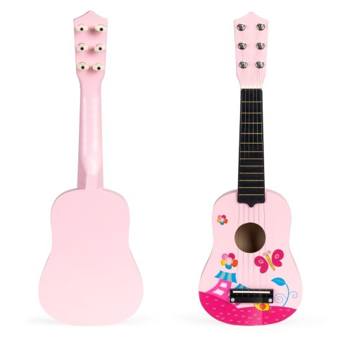 Gitara Dla Dzieci Drewniana Metalowe Struny Kostka Różowa Ecotoys