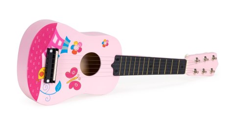 Gitara Dla Dzieci Drewniana Metalowe Struny Kostka Różowa Ecotoys