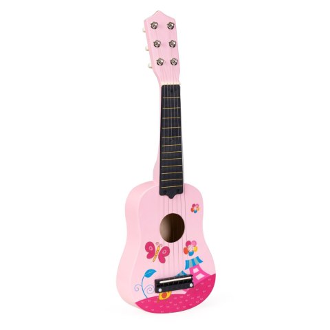 Gitara Dla Dzieci Drewniana Metalowe Struny Kostka Różowa Ecotoys
