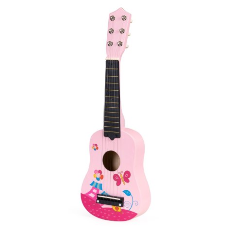 Gitara Dla Dzieci Drewniana Metalowe Struny Kostka Różowa Ecotoys