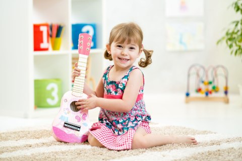 Gitara Dla Dzieci Drewniana Metalowe Struny Kostka Różowa Ecotoys