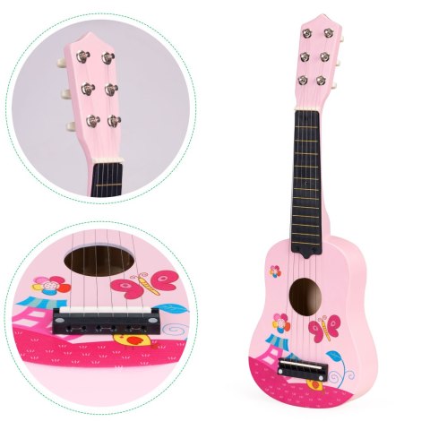 Gitara Dla Dzieci Drewniana Metalowe Struny Kostka Różowa Ecotoys