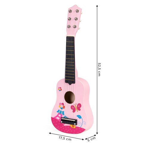 Gitara Dla Dzieci Drewniana Metalowe Struny Kostka Różowa Ecotoys