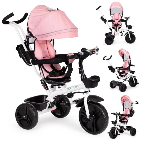 Rowerek Trójkołowy Spacerówka Obracany Fotelik 360* Różowy Ecotoys