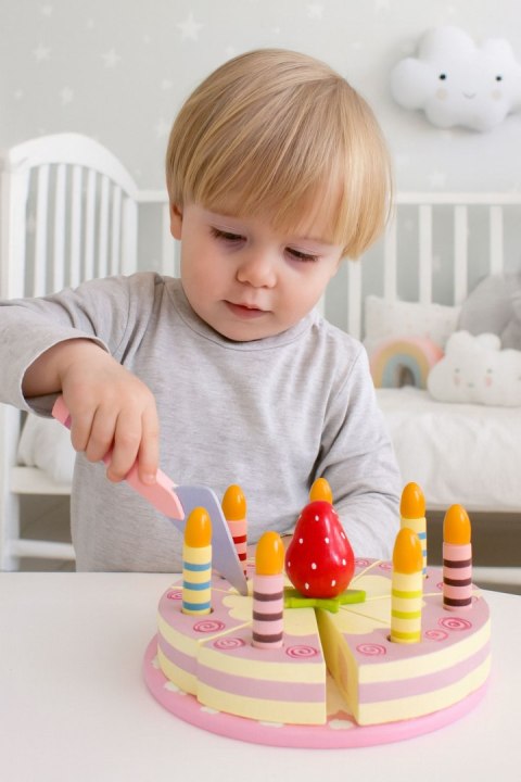 Zestaw Drewniany Tort Na Rzepy Świeczki Truskawka Dla Dzieci 15 Elementów Ecotoys