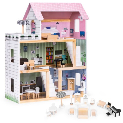 Drewniany Domek Dla Lalek 3 Piętra Taras Z Kompletem 15 Mebelków Ecotoys