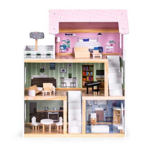 Drewniany Domek Dla Lalek 3 Piętra Taras Z Kompletem 15 Mebelków Ecotoys
