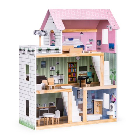 Drewniany Domek Dla Lalek 3 Piętra Taras Z Kompletem 15 Mebelków Ecotoys