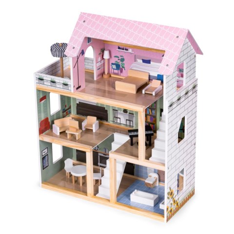 Drewniany Domek Dla Lalek 3 Piętra Taras Z Kompletem 15 Mebelków Ecotoys
