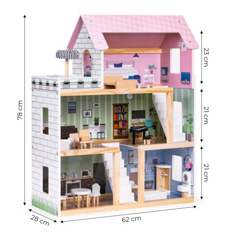 Drewniany Domek Dla Lalek 3 Piętra Taras Z Kompletem 15 Mebelków Ecotoys