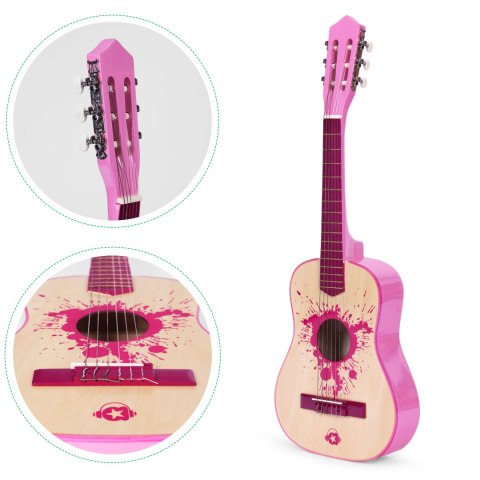 Gitara Dla Dzieci Różowa Duża - 30 Drewniana 6 Strun Metalowe I Nylonowe Ecotoys