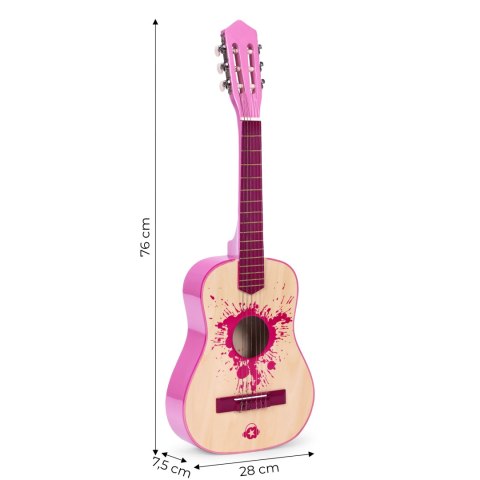 Gitara Dla Dzieci Różowa Duża - 30 Drewniana 6 Strun Metalowe I Nylonowe Ecotoys