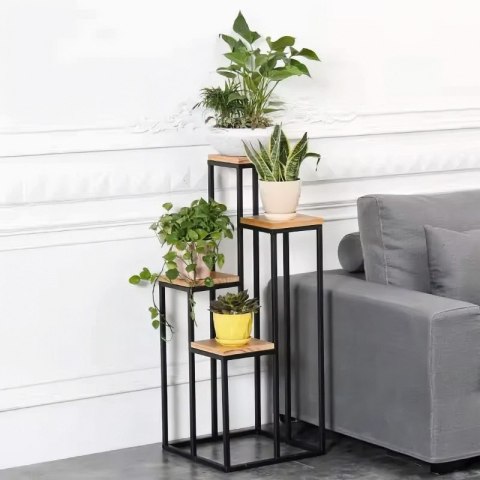 Kwietnik Regał Na Kwiaty Ozdoby 4 Półki Metal Mdf Ciemny Orzech Modernhome