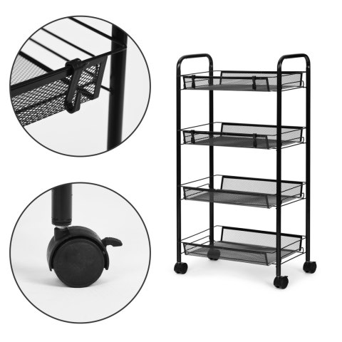 Regał Organizer Pomocnik Do Kuchni Łazienki Metalowy 4 Półki Kółka Czarny Modernhome