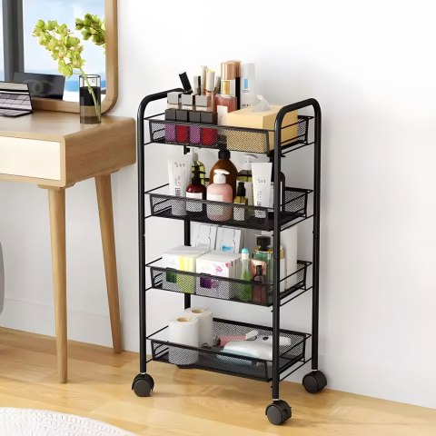 Regał Organizer Pomocnik Do Kuchni Łazienki Metalowy 4 Półki Kółka Czarny Modernhome