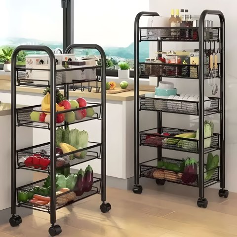 Regał Organizer Pomocnik Do Kuchni Łazienki Metalowy 4 Półki Kółka Czarny Modernhome