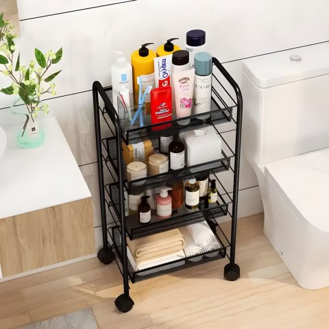 Regał Organizer Pomocnik Do Kuchni Łazienki Metalowy 4 Półki Kółka Czarny Modernhome