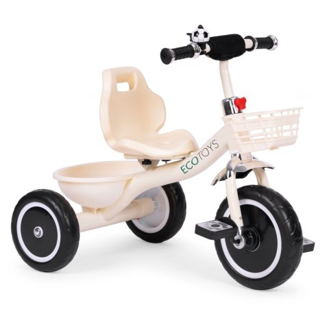 Rowerek Trójkołowy Antypoślizgowe Uchwyty Dzwonek Koszyk Beżowy Ecotoys