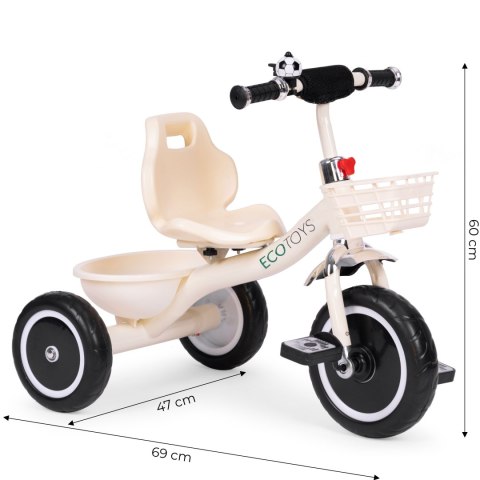 Rowerek Trójkołowy Antypoślizgowe Uchwyty Dzwonek Koszyk Beżowy Ecotoys