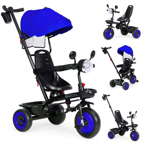 Rowerek Trójkołowy Dla Dzieci Spacerówka 3w1 Obracane Siedzisko Daszek Niebieski Ecotoys