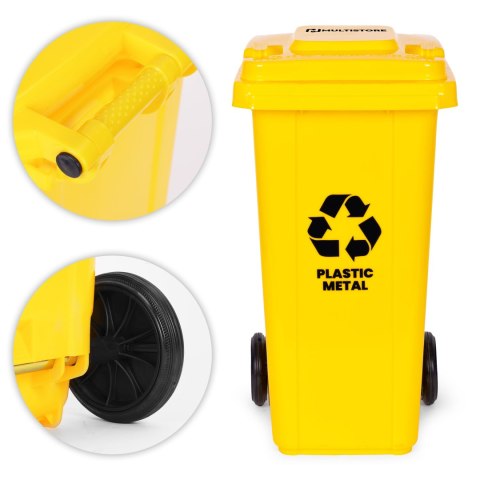 Kosz Na Smieci Pojemnik 120l Kubeł Śmietnik Żółty Plastik Gumowe Koła