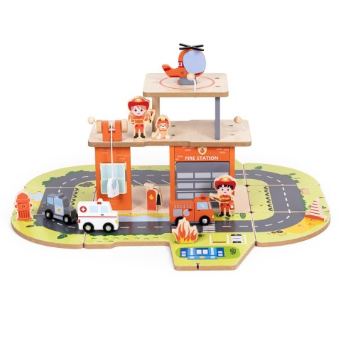 Drewniany Garaż Zestaw Straży Pożarnej 2w1 - Remiza I Wóz 2 Piętra Figurki Pojazdy Ecotoys