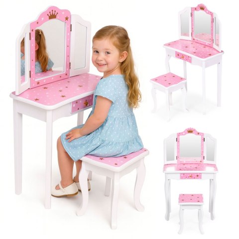 Duża Toaletka Zabawkowa Dla Dziewczynki Potrójne Lustro Taboret Szuflada Ecotoys