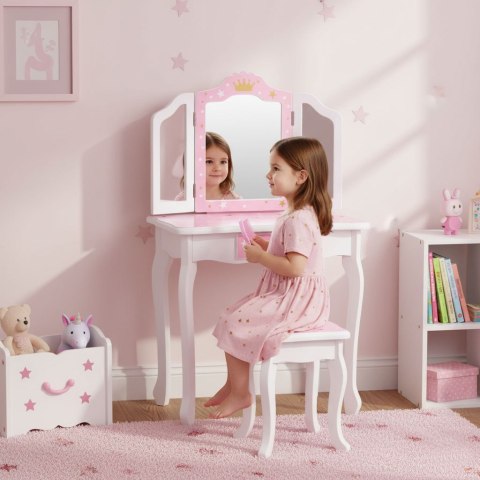 Duża Toaletka Zabawkowa Dla Dziewczynki Potrójne Lustro Taboret Szuflada Ecotoys