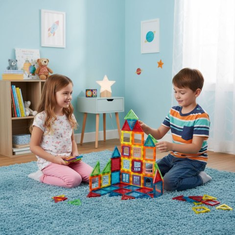 Klocki Magnetyczne Konstrukcyjne Domek Autko Karuzela 70 Elementów