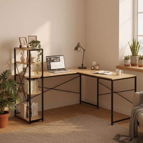 Biurko Narożne Z Regałem 4 Półki Komputerowe Jasny Dąb Loftowe Modernhome