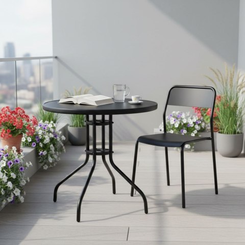 Stolik Ogrodowy Okrągły 80 Cm Szkło Hartowane Otwór Na Parasol Czarny Multigarden