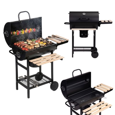 Grill Węglowy Ogrodowy Z Pokrywą Termometr Popielnik Drewniane Półki Multigarden