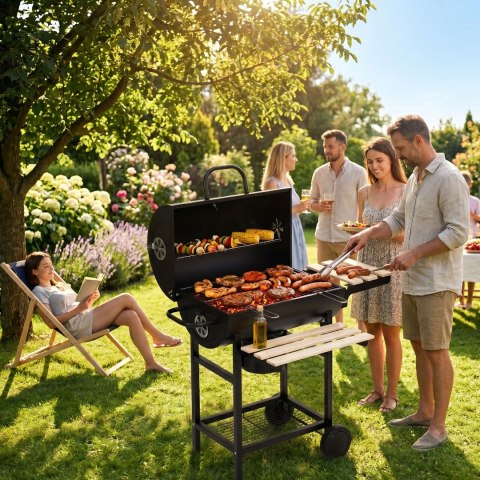 Grill Węglowy Ogrodowy Z Pokrywą Termometr Popielnik Drewniane Półki Multigarden