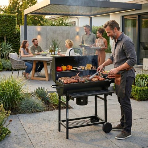 Grill Węglowy Ogrodowy Z Pokrywą Termometr Popielnik Składane Półki Multigarden