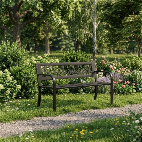 Ławka Ogrodowa Z Dekoracyjnym Oparciem 120x50 Cm Metalowa Parkowa Czarna Multigarden