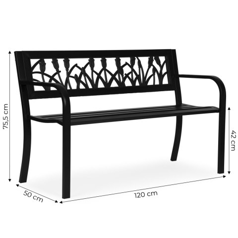 Ławka Ogrodowa Z Dekoracyjnym Oparciem 120x50 Cm Metalowa Parkowa Czarna Multigarden