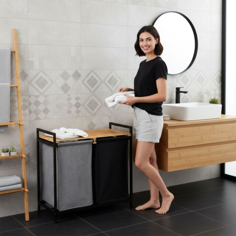 Kosz na pranie lub zabawki bambusowy HANOI BLACK 2 przegrody DUO KOLOR
