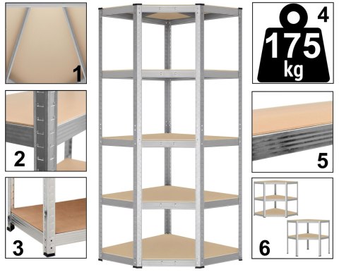 Regał magazynowy narożny 5 poziomów 875 kg 180 x 70 x 40 cm