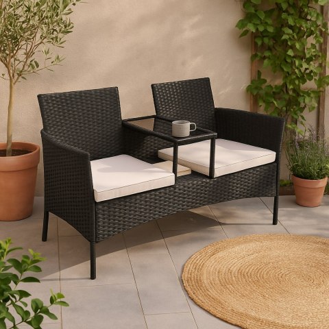 Ławka ogrodowa z technorattanu sofa CORDOBA czarna z beżowymi poduszkami
