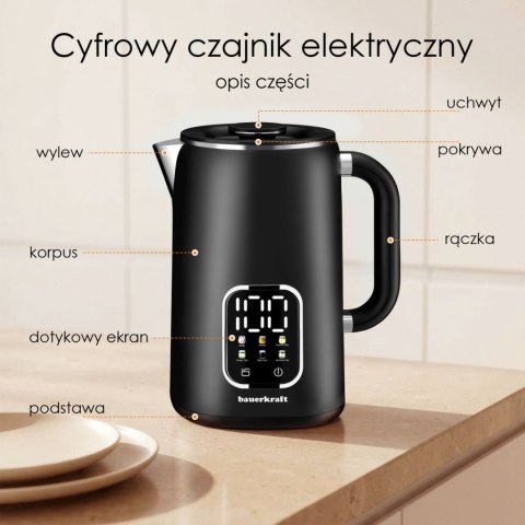 Czajnik elektryczny bezprzewodowy 1,7l czarny smart z regulacją temperatury Bauerkraft