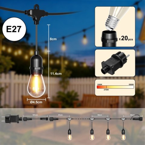 Girlanda ogrodowa świetlna łańcuch 20 x LED 20m lampki ogrodowe 9W