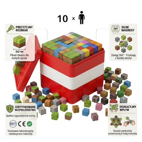 Klocki Magnetyczne Pixele 300 Elementów (290+10 Figurek) – GIGA CZAD, Czerwone Pudełko