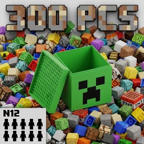Klocki Pixele Sześciany Bloki Neodymowe Zestaw Średniozaawansowany GIGA CZAD - 300 Sztuk + 10 Ludzików Pudełko Creeper